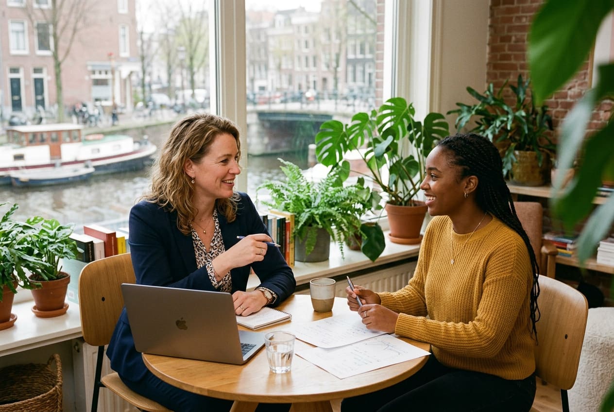 Adviser talking with a client at a table in an office overlooking a canal