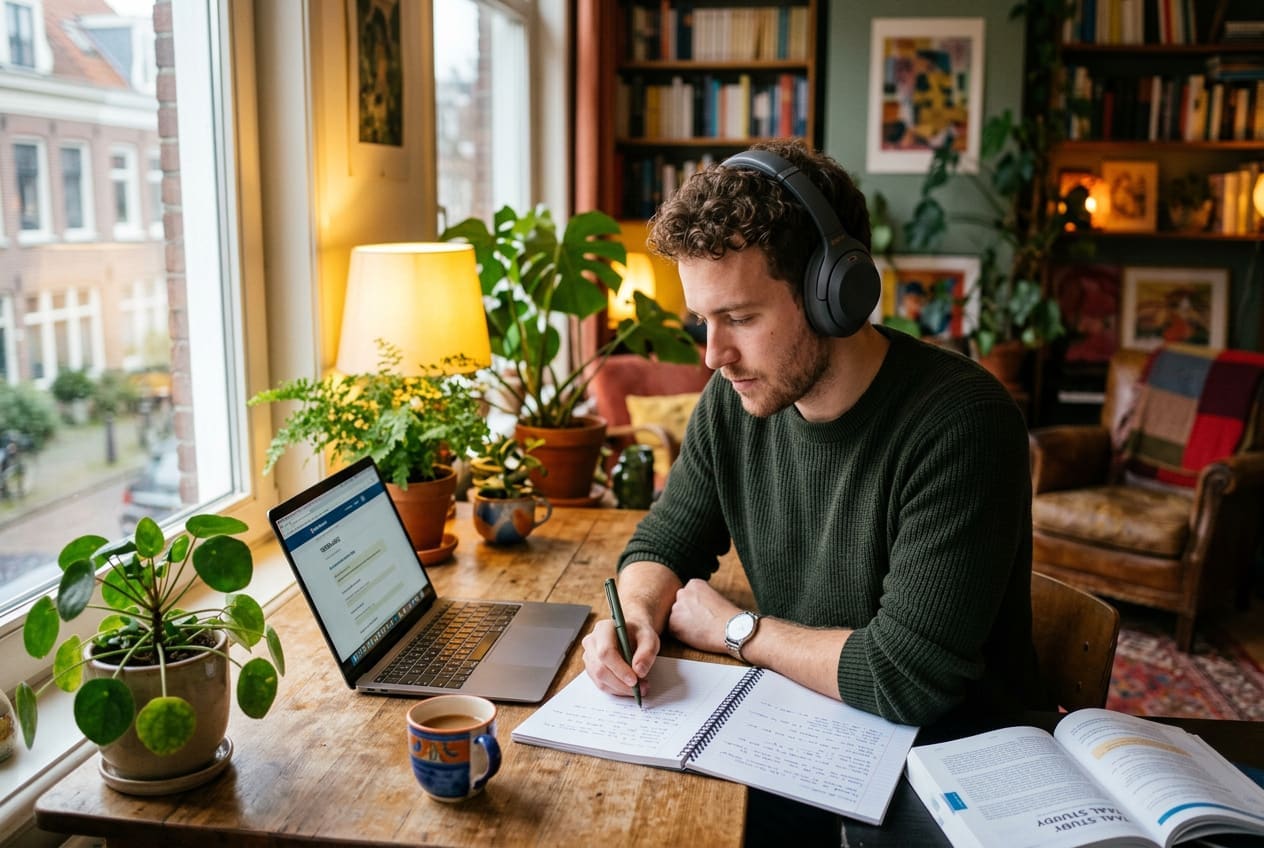 Man practising Dutch at home on his laptop with headphones