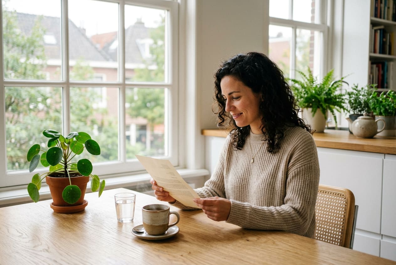 Woman at her kitchen table reading an official Dutch letter about civic integration