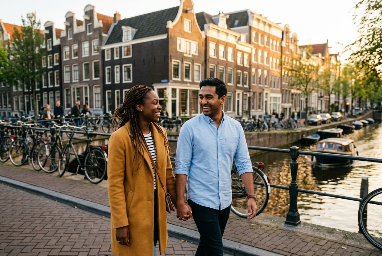 Couple walking along a canal in a Dutch city