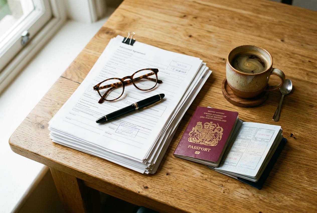 Passport and application documents on a desk