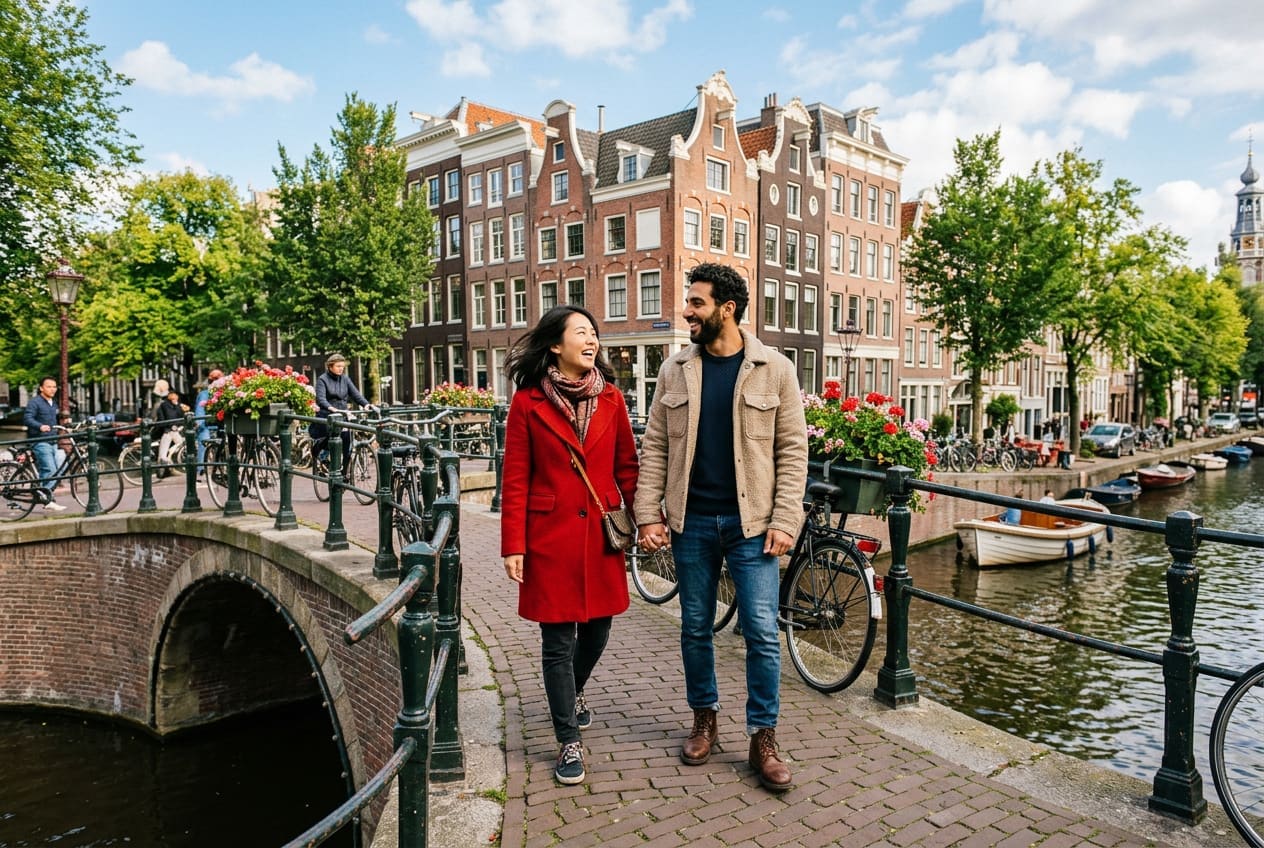 Reunited couple on a bridge in a Dutch city