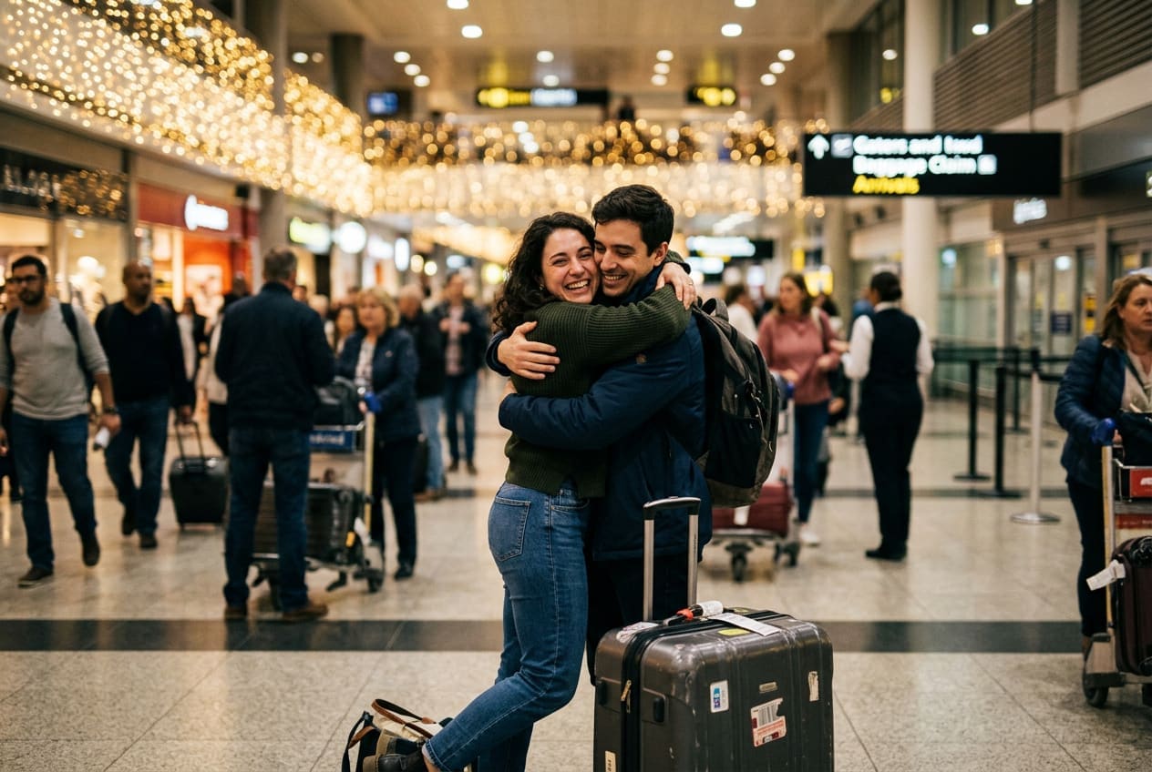 Couple embracing on arrival in the airport arrivals hall